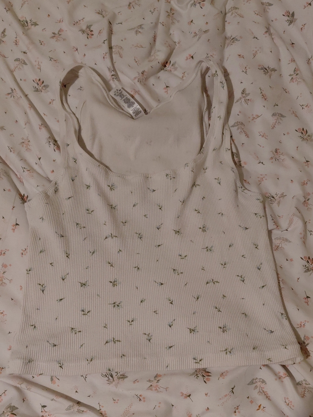 SKIMS Cream Ribbed Floral Crop Tank with Green Sprigs
